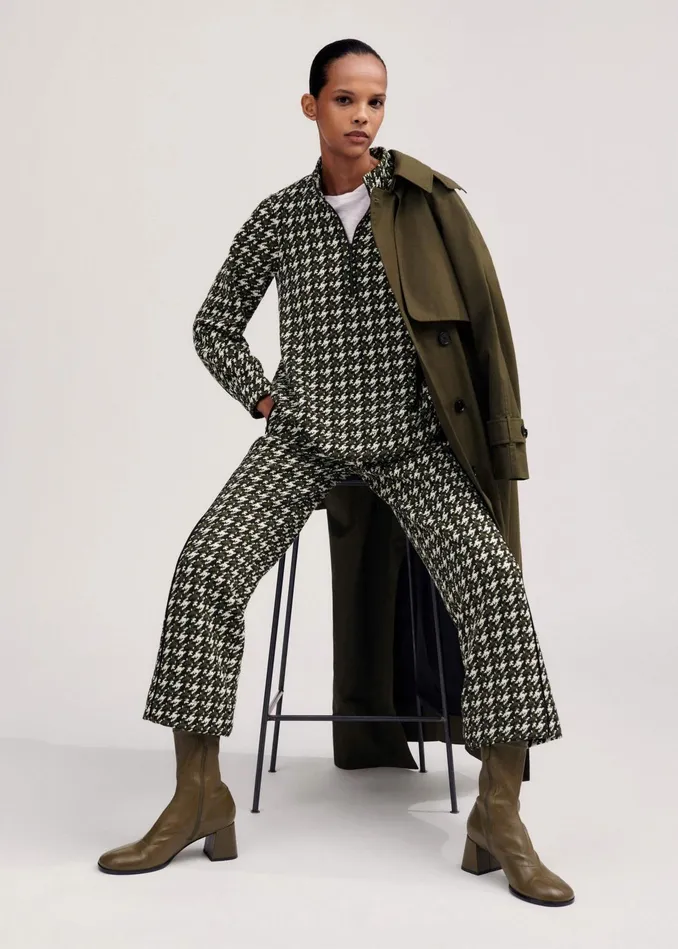 Women Houndstooth Crop Kick Flare Pant Blackdeep Autumn Olivecream MEEM