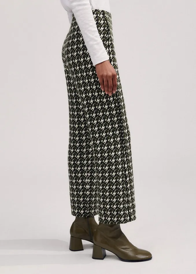 Women Houndstooth Crop Kick Flare Pant Blackdeep Autumn Olivecream MEEM