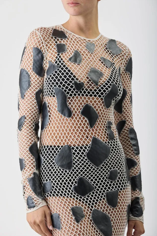 Women Knitwear Gabriela Hearst Romeo Knit Dress In White Merino Wool With Metallic Nappa Leather Patches