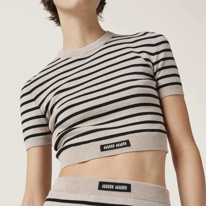 Women Knitwear Miu Miu Cotton Crewneck Sweater Limestoneblack Women Knitwear Miu Miu Cotton Crewneck Sweater Limestoneblack