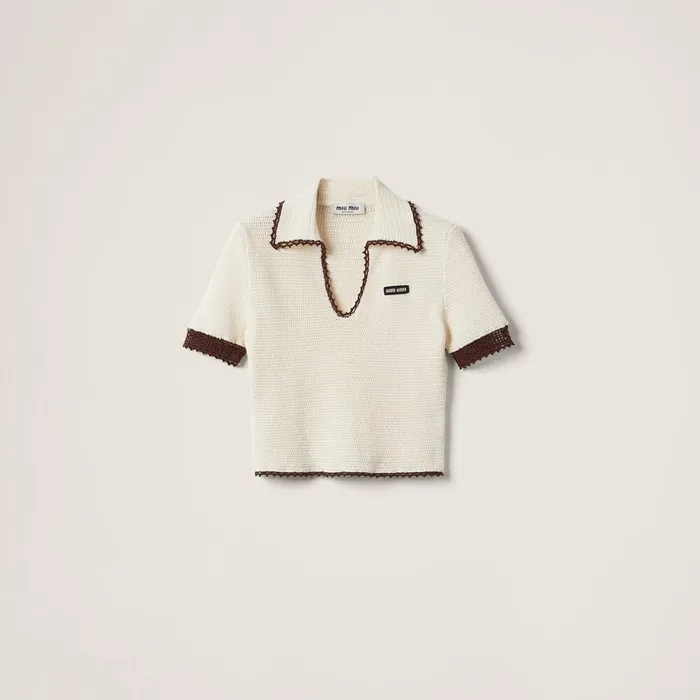 Women Knitwear Miu Miu Crocheted Cotton Polo Shirt Ivorycocoa Brown