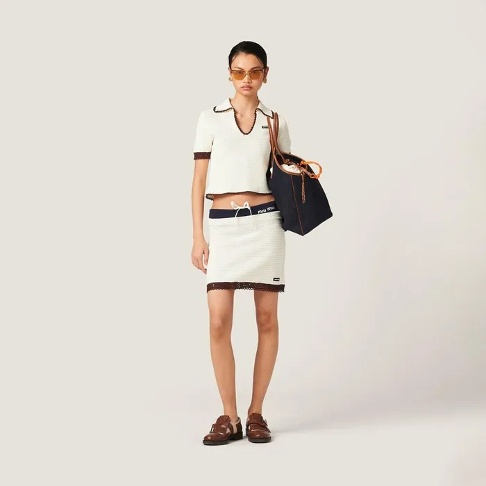 Women Knitwear Miu Miu Crocheted Cotton Polo Shirt Ivorycocoa Brown Women Knitwear Miu Miu Crocheted Cotton Polo Shirt Ivorycocoa Brown