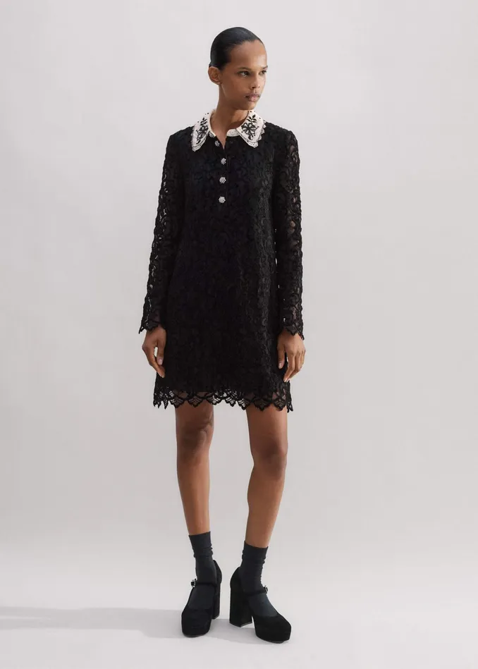 Women Lace Collar Shift Dress Black MEEM