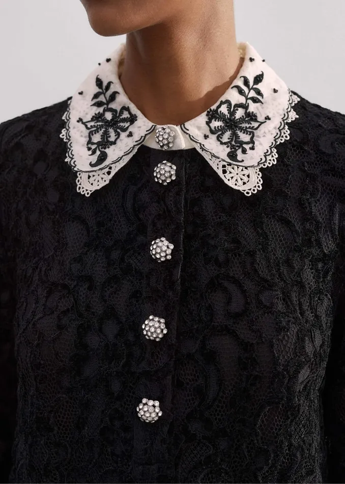 Women Lace Collar Shift Dress Black MEEM