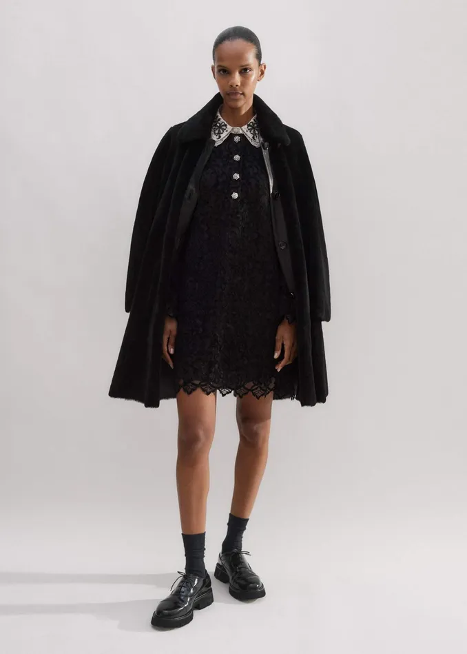 Women Lace Collar Shift Dress Black MEEM