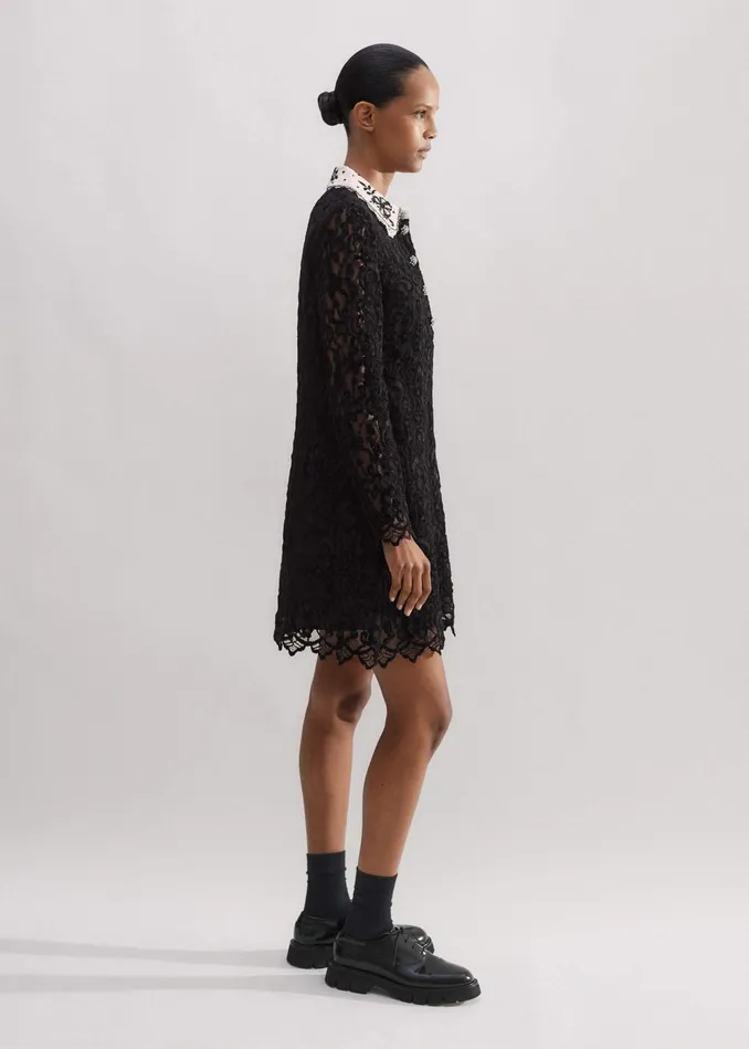 Women Lace Collar Shift Dress Black MEEM