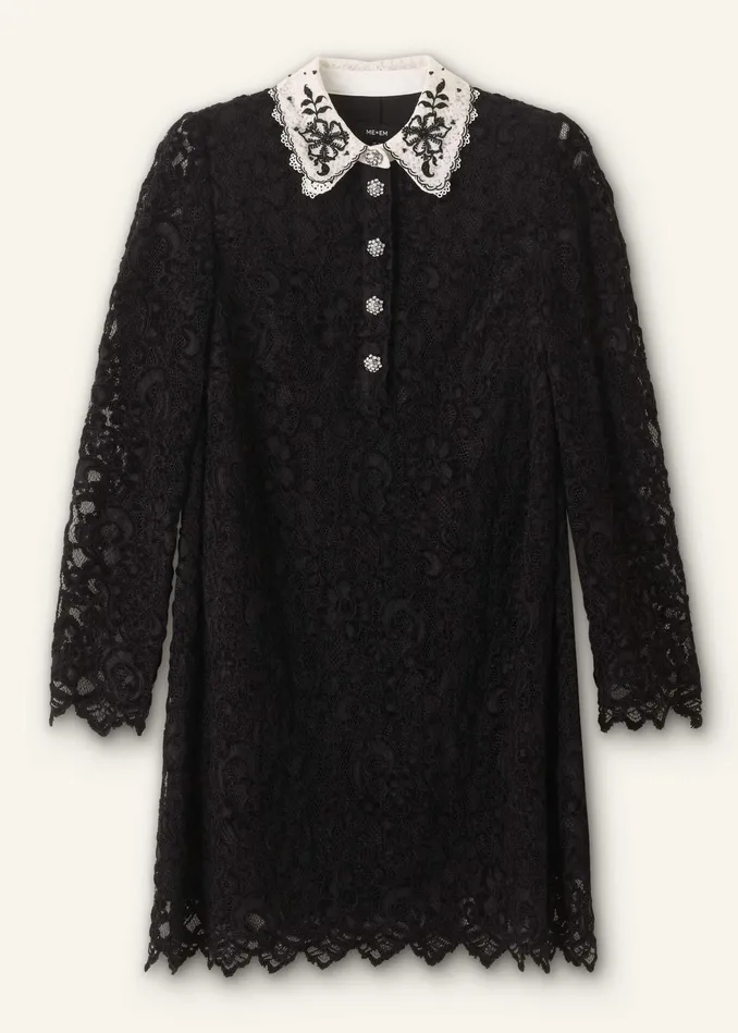 Women Lace Collar Shift Dress Black MEEM