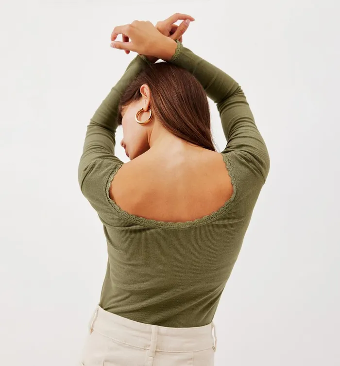 Women Lace Detail Ribbed Top 8211 Khaki Promod Tops