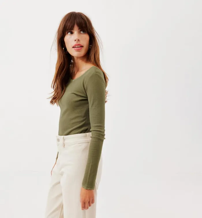 Women Lace Detail Ribbed Top 8211 Khaki Promod Tops Women Lace Detail Ribbed Top 8211 Khaki Promod Tops