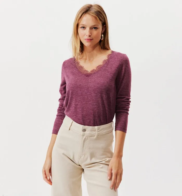 Women Lace Detail Top 8211 Raspberry Red Promod Tops