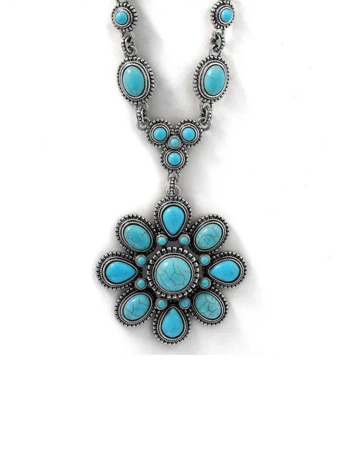 Women Large Turquoise Stone Flower Necklace In Silver Jessica Simpson Turquoise Collection