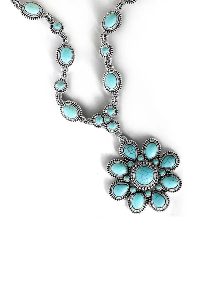 Women Large Turquoise Stone Flower Necklace In Silver Jessica Simpson Turquoise Collection