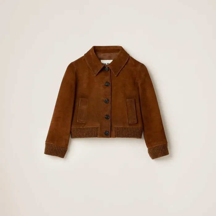 Women Leather Miu Miu Cropped Suede Jacket Hazelnut