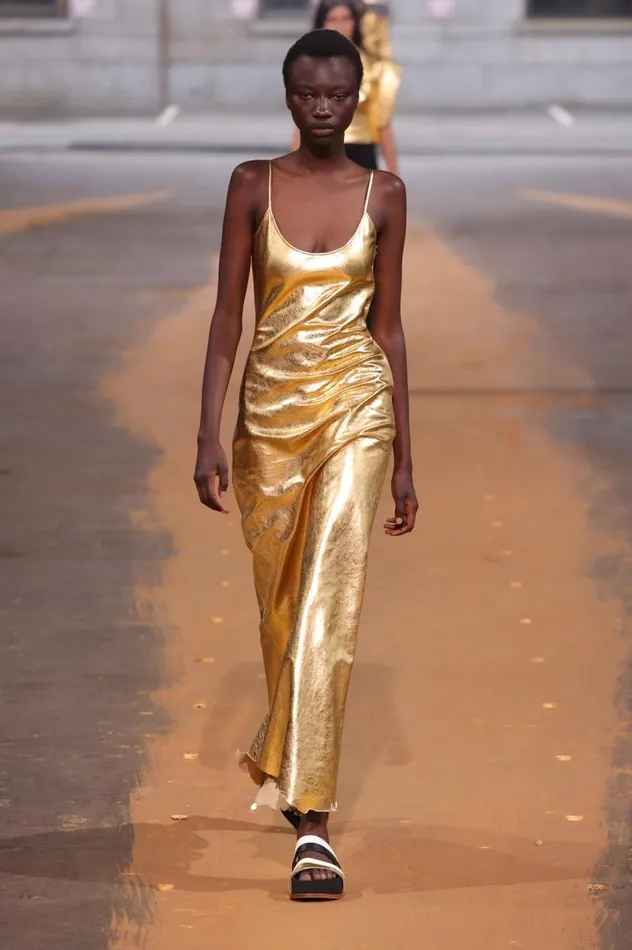 Women Leathers Gabriela Hearst Teles Dress In Gold Metallic Nappa Leather