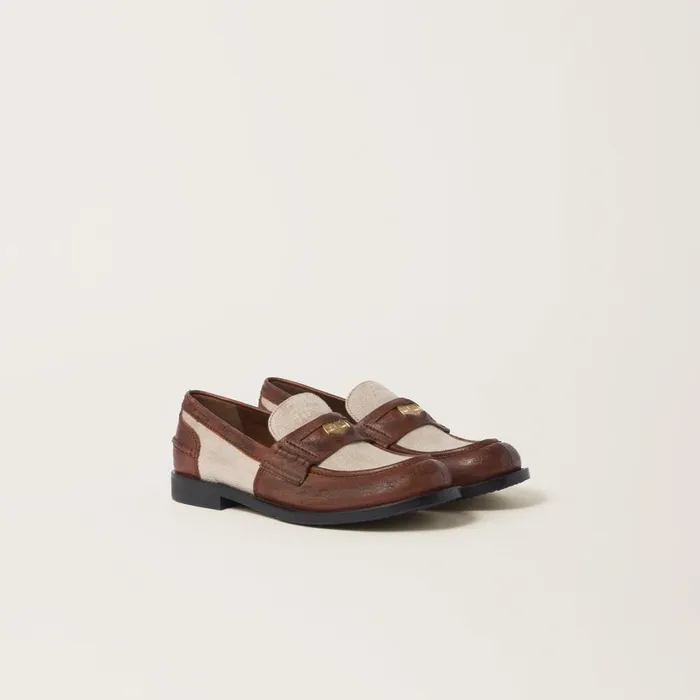Women Loafers And LaceUps Miu Miu Leather And Linen Loafers Walnut Brown Cord