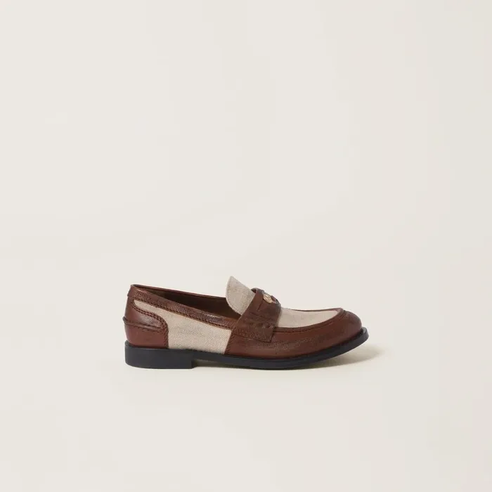 Women Loafers And LaceUps Miu Miu Leather And Linen Loafers Walnut Brown Cord Women Loafers And LaceUps Miu Miu Leather And Linen Loafers Walnut Brown Cord