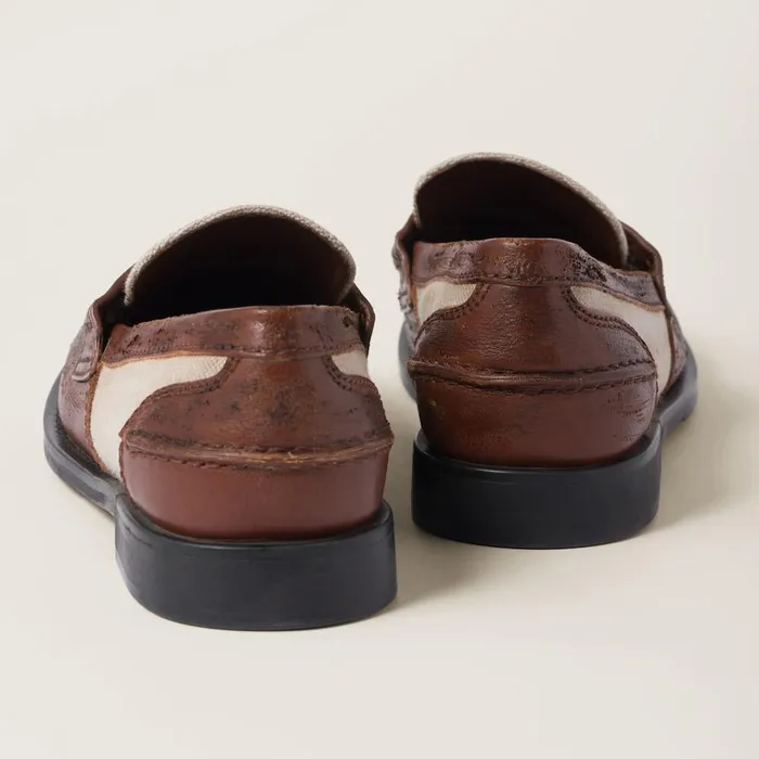 Women Loafers And LaceUps Miu Miu Leather And Linen Loafers Walnut Brown Cord Women Loafers And LaceUps Miu Miu Leather And Linen Loafers Walnut Brown Cord