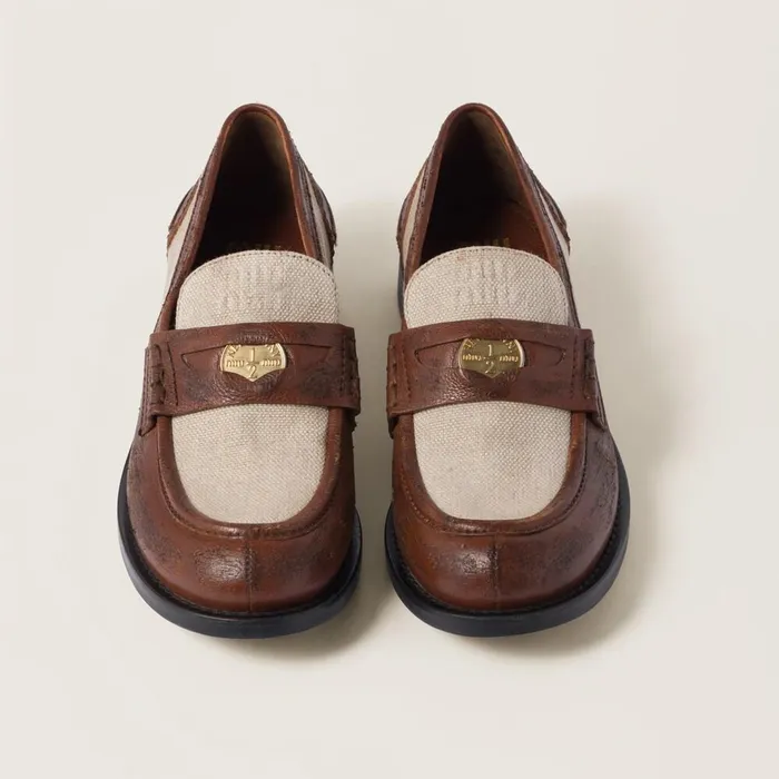 Women Loafers And LaceUps Miu Miu Leather And Linen Loafers Walnut Brown Cord Women Loafers And LaceUps Miu Miu Leather And Linen Loafers Walnut Brown Cord