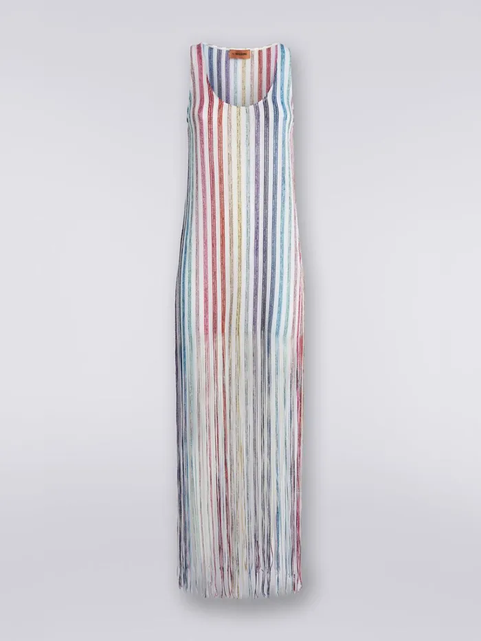 Women Long Cover Up With Vertical Stripes And Fringes White Missoni Beachwear