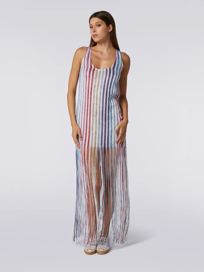 Women Long Cover Up With Vertical Stripes And Fringes White Missoni Beachwear