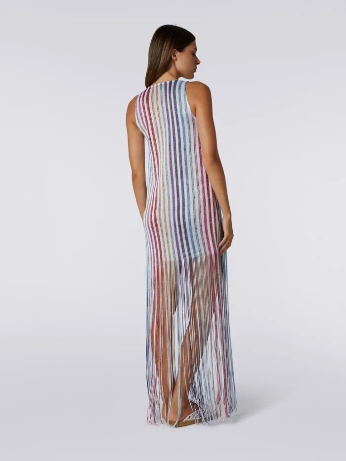 Women Long Cover Up With Vertical Stripes And Fringes White Missoni Beachwear