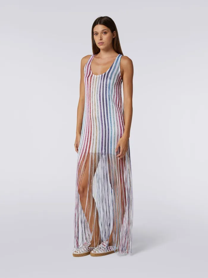 Women Long Cover Up With Vertical Stripes And Fringes White Missoni Beachwear