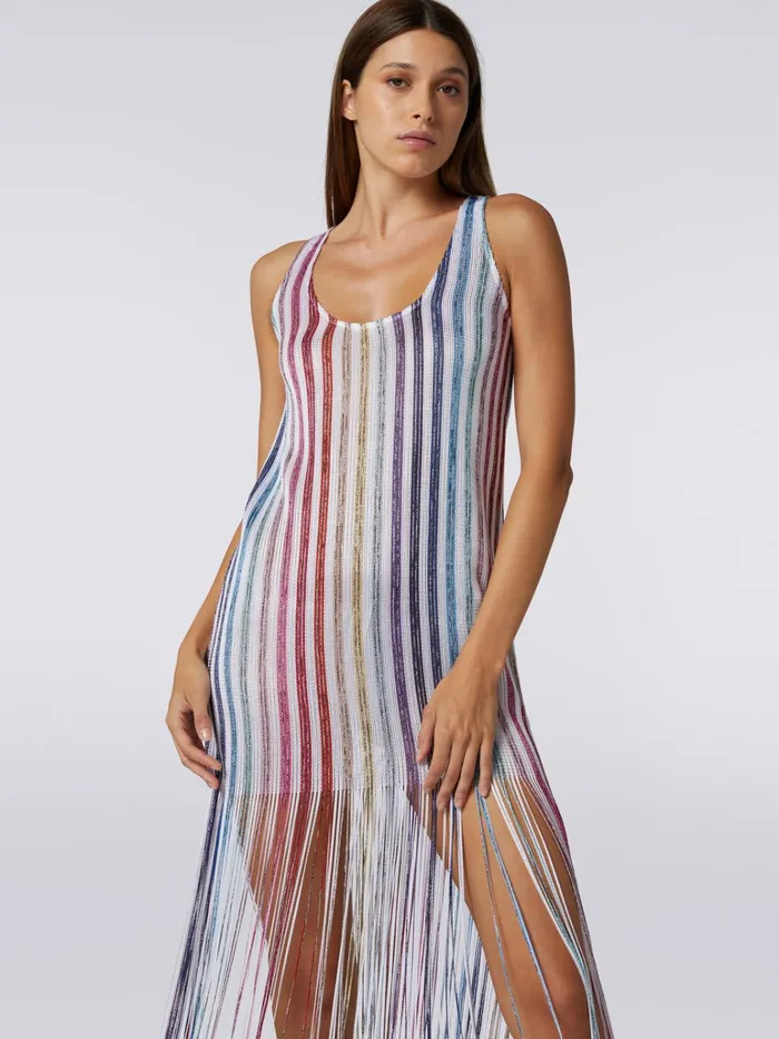 Women Long Cover Up With Vertical Stripes And Fringes White Missoni Beachwear