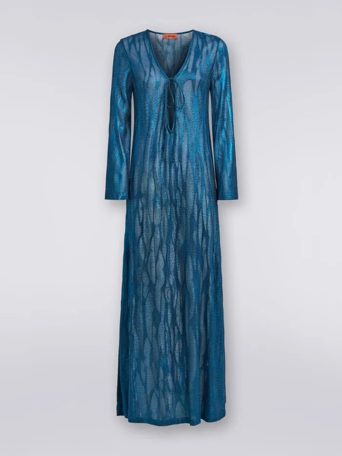 Women Long Jacquard Viscose Kaftan Cover Up With Ties Blue Missoni Beachwear