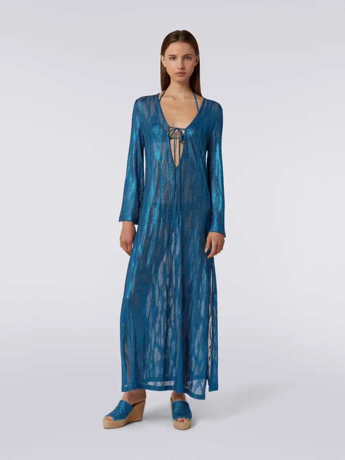 Women Long Jacquard Viscose Kaftan Cover Up With Ties Blue Missoni Beachwear Women Long Jacquard Viscose Kaftan Cover Up With Ties Blue Missoni Beachwear