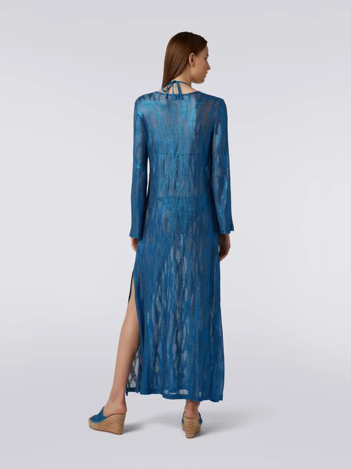 Women Long Jacquard Viscose Kaftan Cover Up With Ties Blue Missoni Beachwear Women Long Jacquard Viscose Kaftan Cover Up With Ties Blue Missoni Beachwear