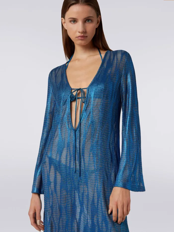 Women Long Jacquard Viscose Kaftan Cover Up With Ties Blue Missoni Beachwear Women Long Jacquard Viscose Kaftan Cover Up With Ties Blue Missoni Beachwear