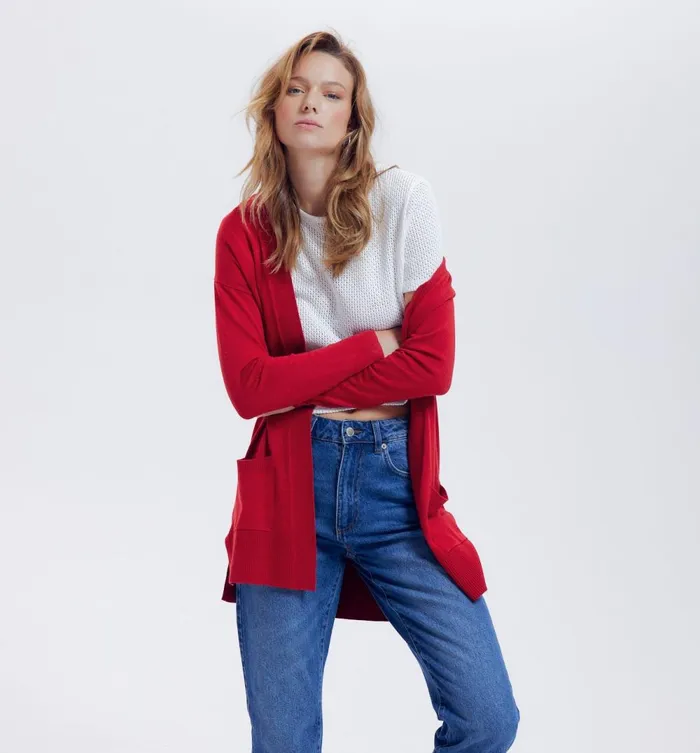 Women Long Lightweight Cardigan 8211 Red Promod Jumpers And Cardigans