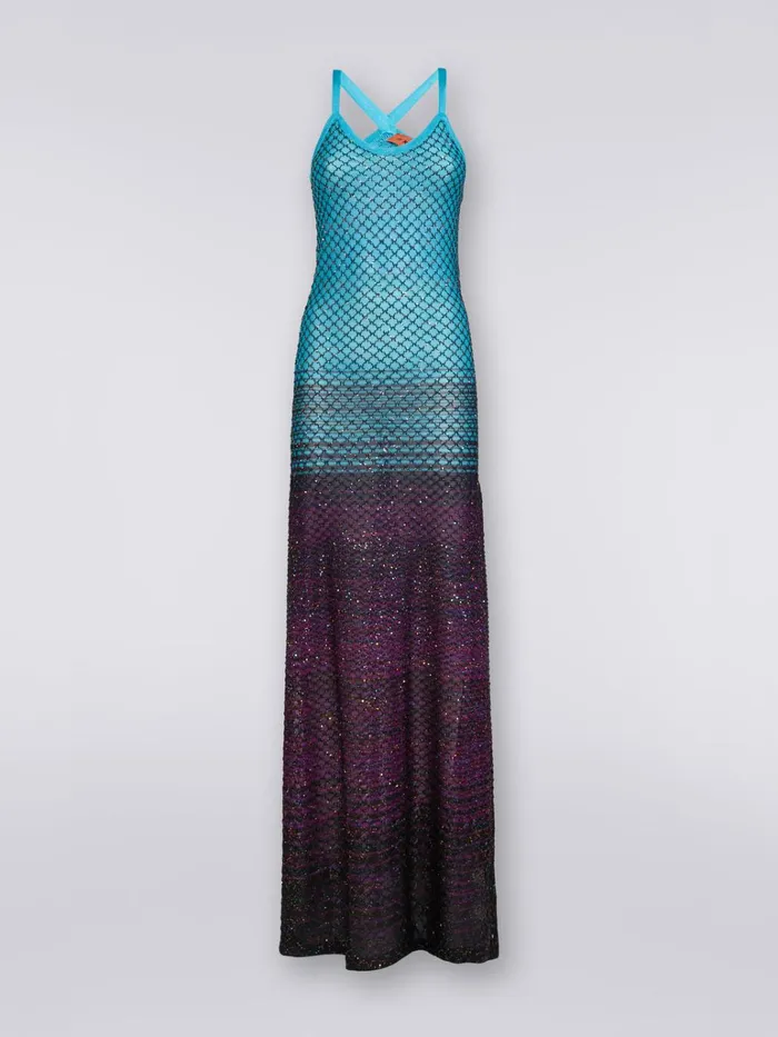 Women Long Net Dress With Dgrad Pattern And Sequins Turquoise Purple and Black Missoni Dresses Women Long Net Dress With Dgrad Pattern And Sequins Turquoise Purple and Black Missoni Dresses
