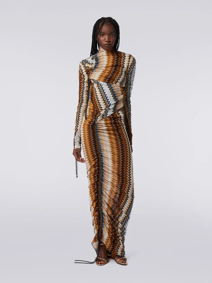 Women Long Viscose Chevron Dress With High Neck And Side Drape Multicoloured Missoni Dresses Women Long Viscose Chevron Dress With High Neck And Side Drape Multicoloured Missoni Dresses