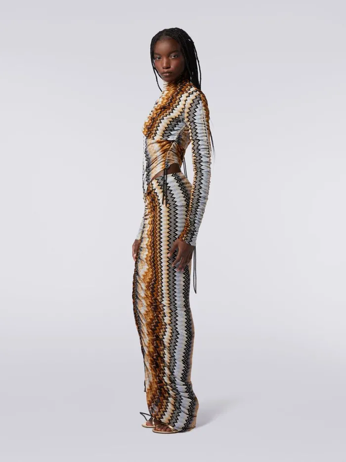 Women Long Viscose Chevron Dress With High Neck And Side Drape Multicoloured Missoni Dresses Women Long Viscose Chevron Dress With High Neck And Side Drape Multicoloured Missoni Dresses