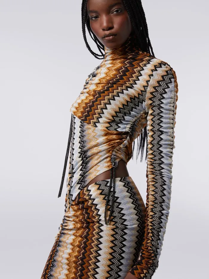Women Long Viscose Chevron Dress With High Neck And Side Drape Multicoloured Missoni Dresses Women Long Viscose Chevron Dress With High Neck And Side Drape Multicoloured Missoni Dresses