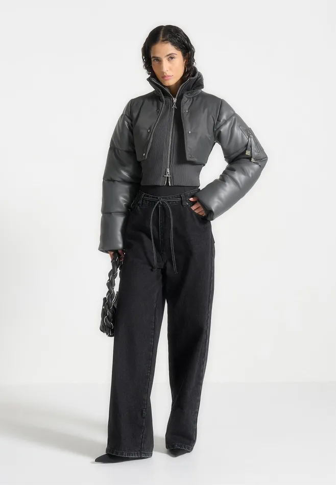 Women Manire De Voir Leather And Nylon Layered Puffer Jacket Grey