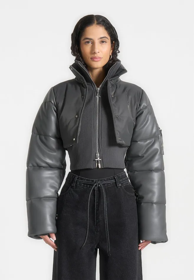 Women Manire De Voir Leather And Nylon Layered Puffer Jacket Grey