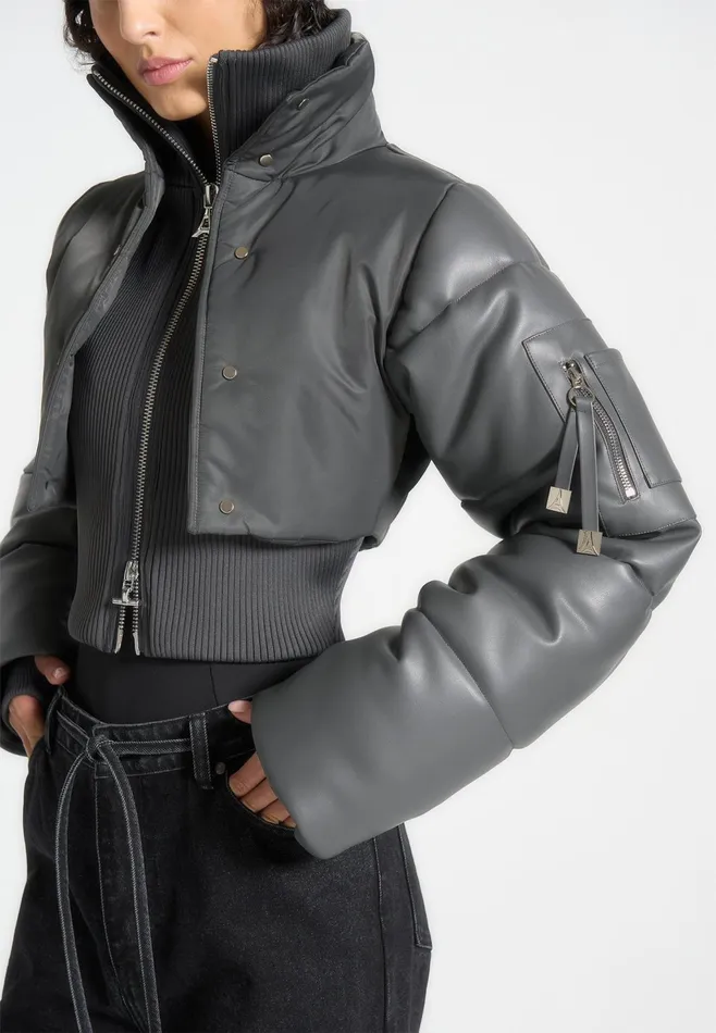 Women Manire De Voir Leather And Nylon Layered Puffer Jacket Grey