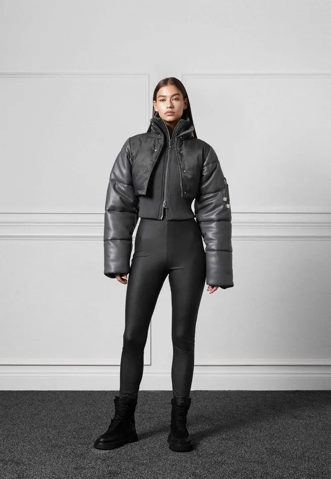 Women Manire De Voir Leather And Nylon Layered Puffer Jacket Grey