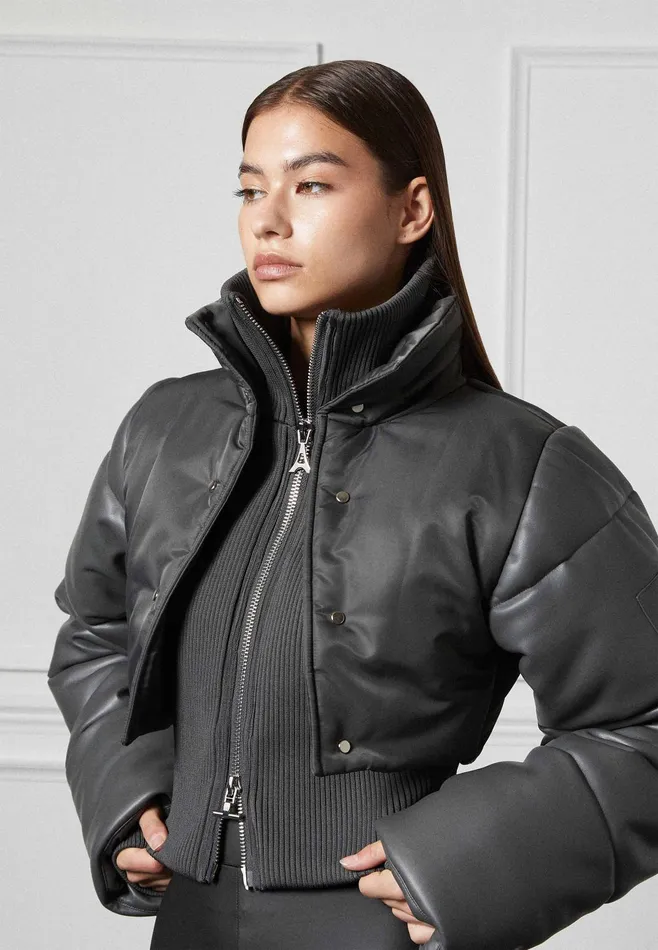 Women Manire De Voir Leather And Nylon Layered Puffer Jacket Grey