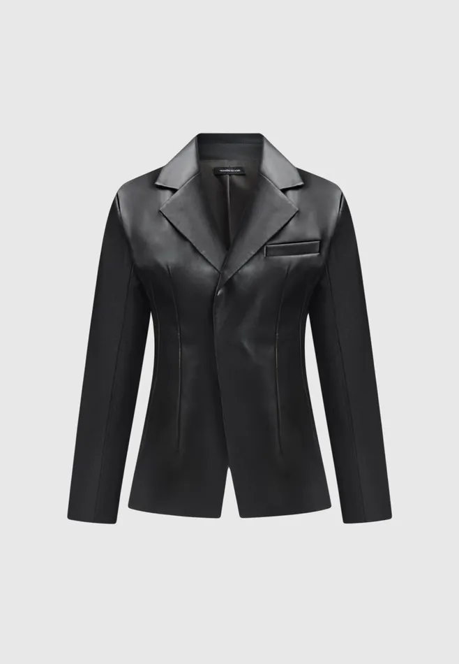 Women Manire De Voir Leather Double Breasted Blazer Black