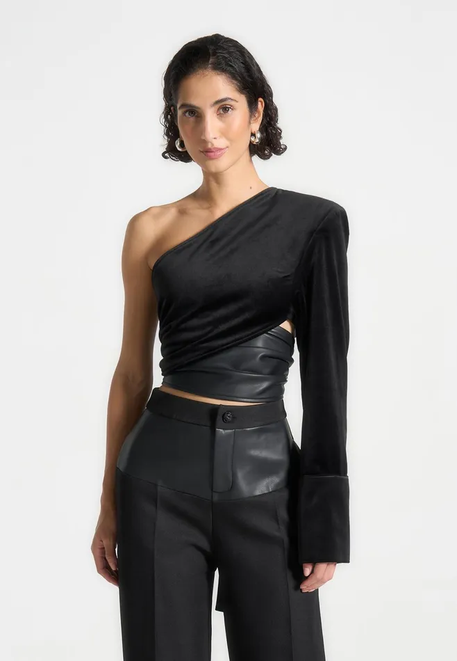 Women Manire De Voir One Sleeve Velour Wrap Top Black