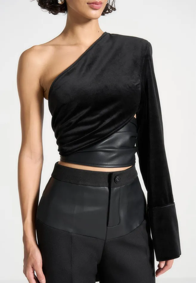 Women Manire De Voir One Sleeve Velour Wrap Top Black
