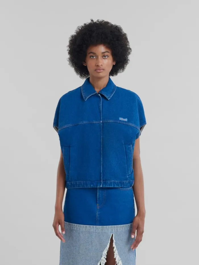 Women Marni Denim Blue Organic Denim ShortSleeved Jacket With Marni Logo Patch