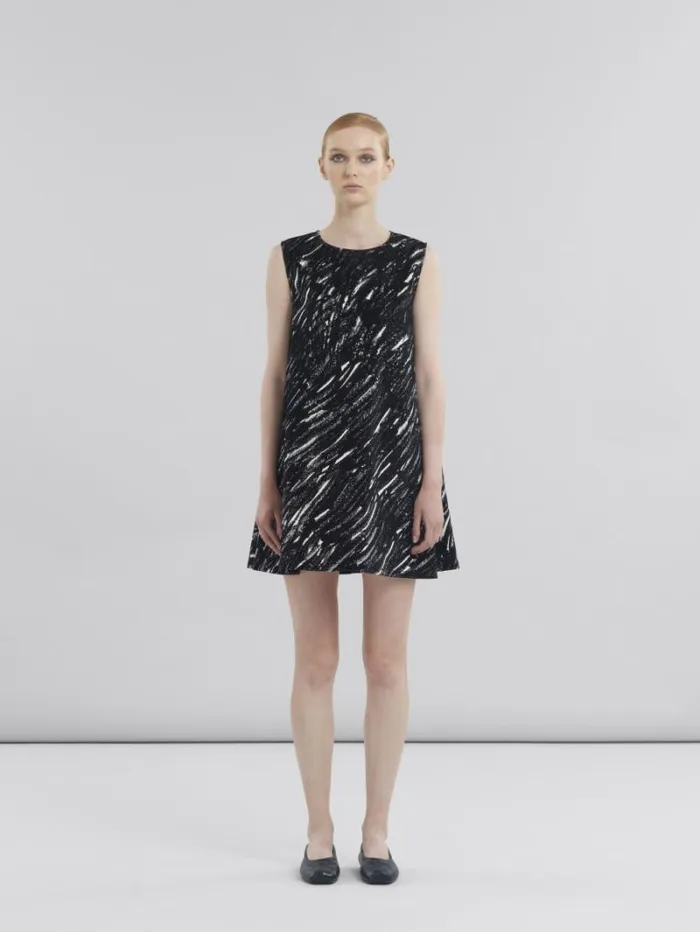 Women Marni Dresses Black Flocked Denim Flared Dress With Crayon Print