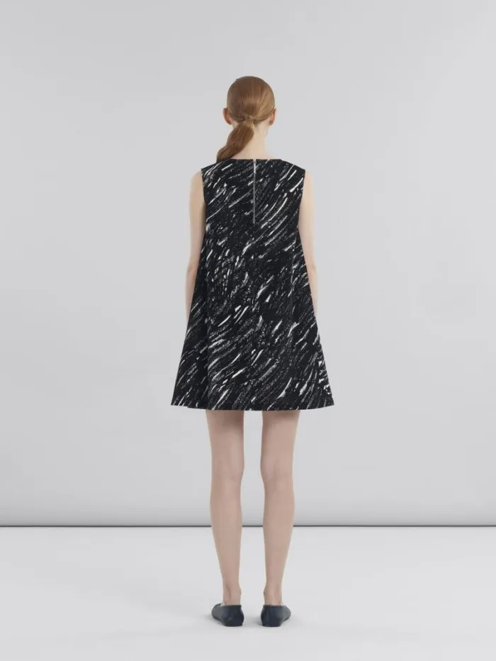 Women Marni Dresses Black Flocked Denim Flared Dress With Crayon Print