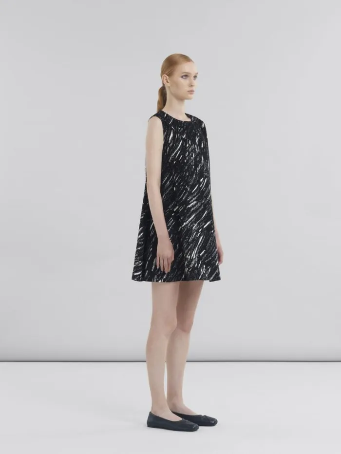 Women Marni Dresses Black Flocked Denim Flared Dress With Crayon Print