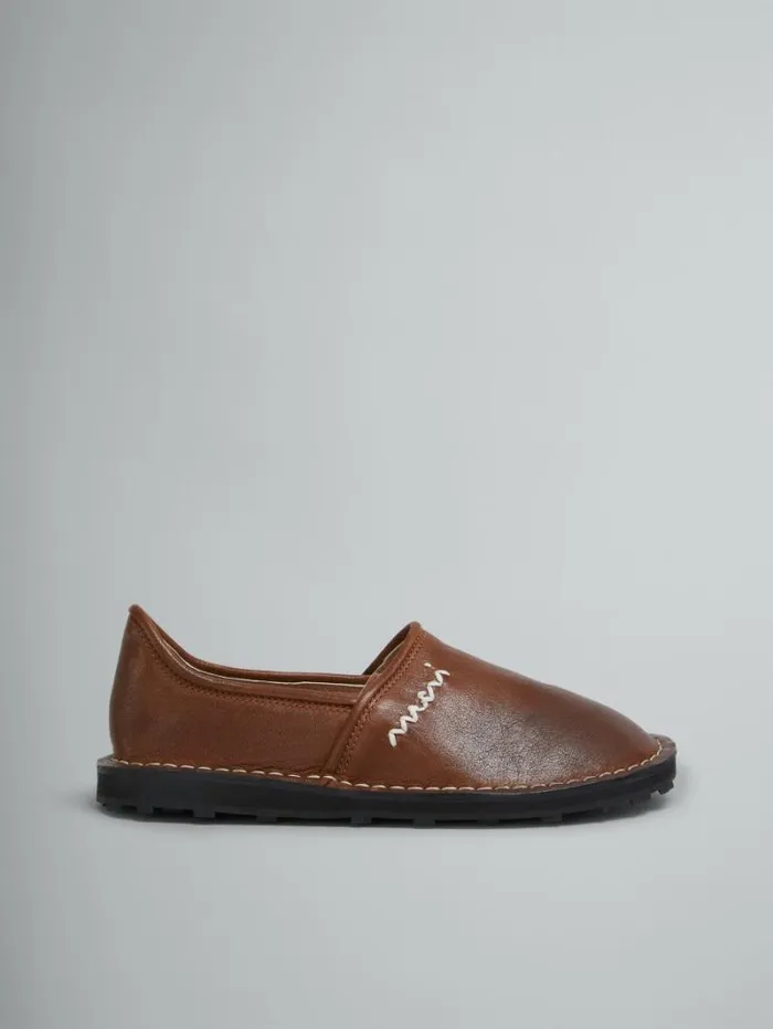 Women Marni Flats Brown Leather SlipOn Loafer With Marni Symbol