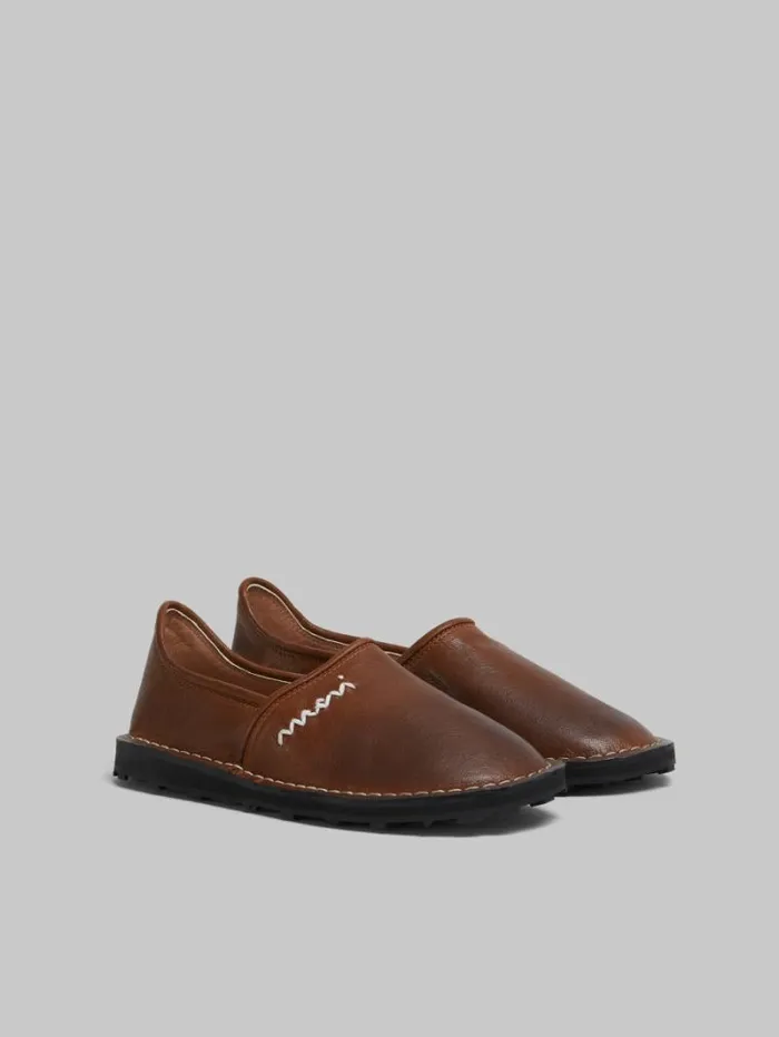 Women Marni Flats Brown Leather SlipOn Loafer With Marni Symbol